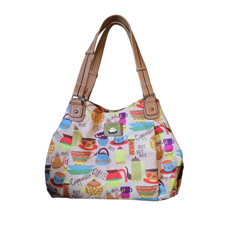 Lily Bloom Coffee Theme Handbag with Tan Handles